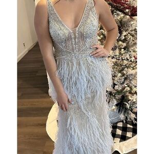Jovani Silver Feathered Prom Dress